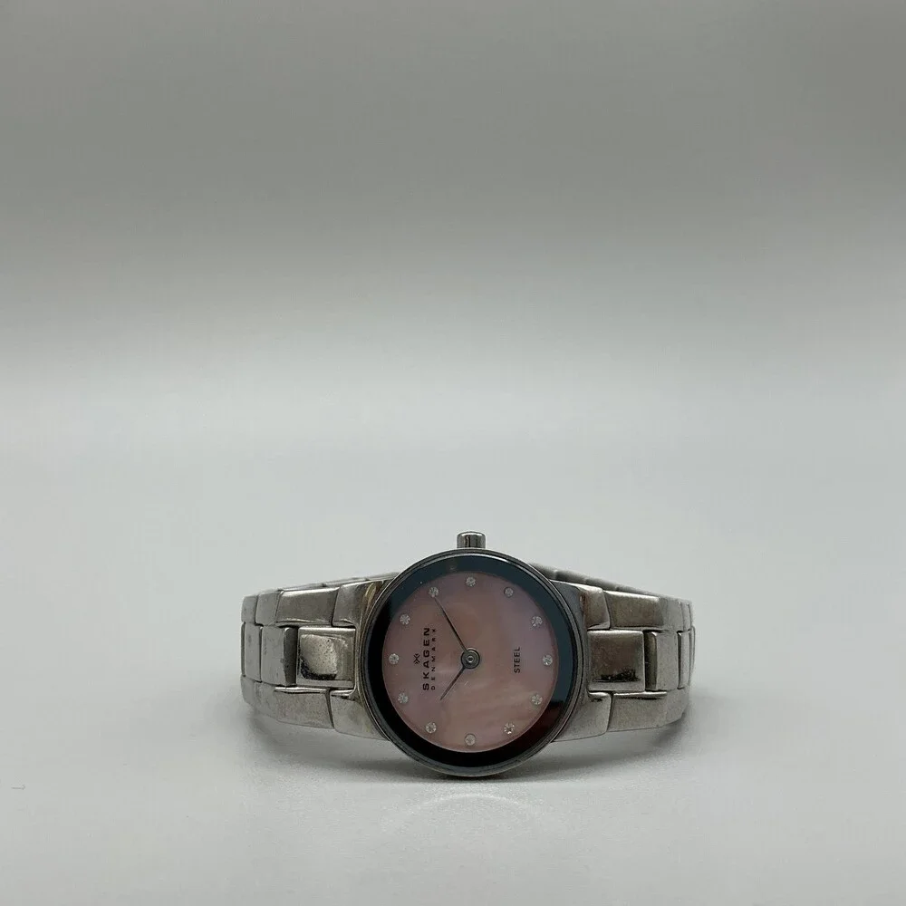 Skagen Womens Watch 22mm Pink MOP Dial Stainless Crystals New Battery 6